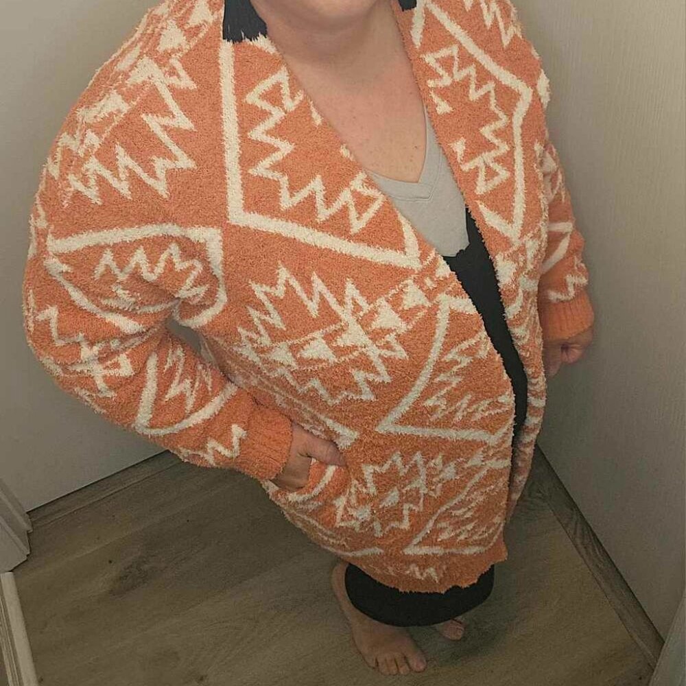 Aztec Oversized Dreamy Soft Cardigan with pockets, NEW, Orange and cream